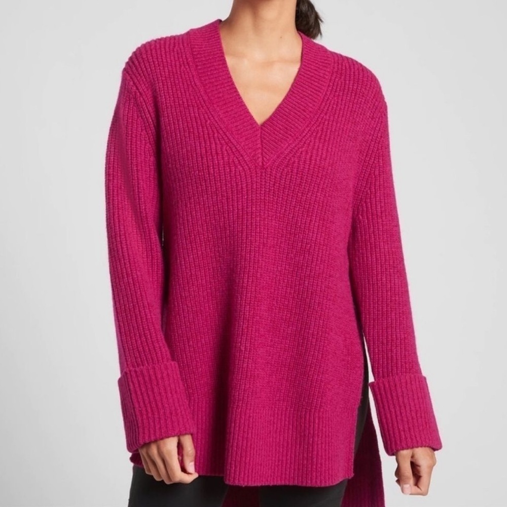 NWT Athleta Shasta V Neck Sweater Oversized Pink Wool Blend XS